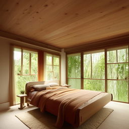 A beautifully windowed bedroom featuring a wooden bed. The room is brightly lit with vibrant and perfect furnishings, showcasing an enticing piece of interior design.