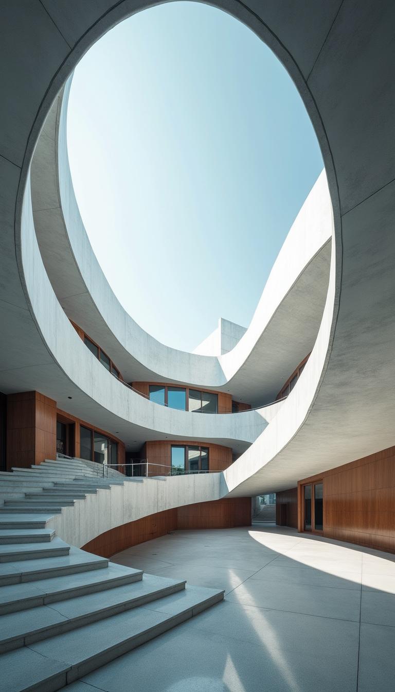 A striking photograph of an abstract architectural design inspired by Toyo Ito's style, capturing fluid shapes and harmonious structures in a modern urban setting