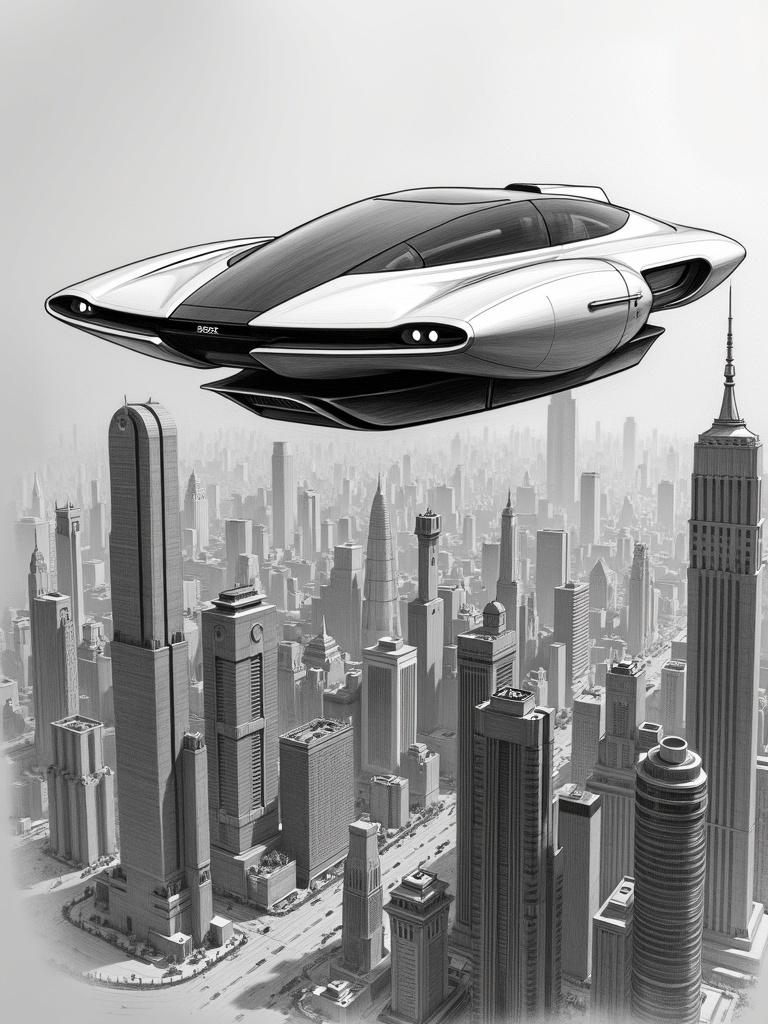 A futuristic pencil sketch depicting an imaginative flying car soaring above a sprawling cityscape