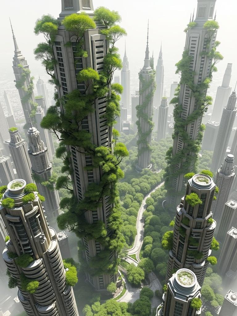 A captivating futuristic pencil sketch of a cityscape viewed from above, showcasing a metropolis that has been beautifully overgrown by nature
