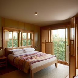 A beautifully windowed bedroom featuring a wooden bed. The room is brightly lit with vibrant and perfect furnishings, showcasing an enticing piece of interior design.