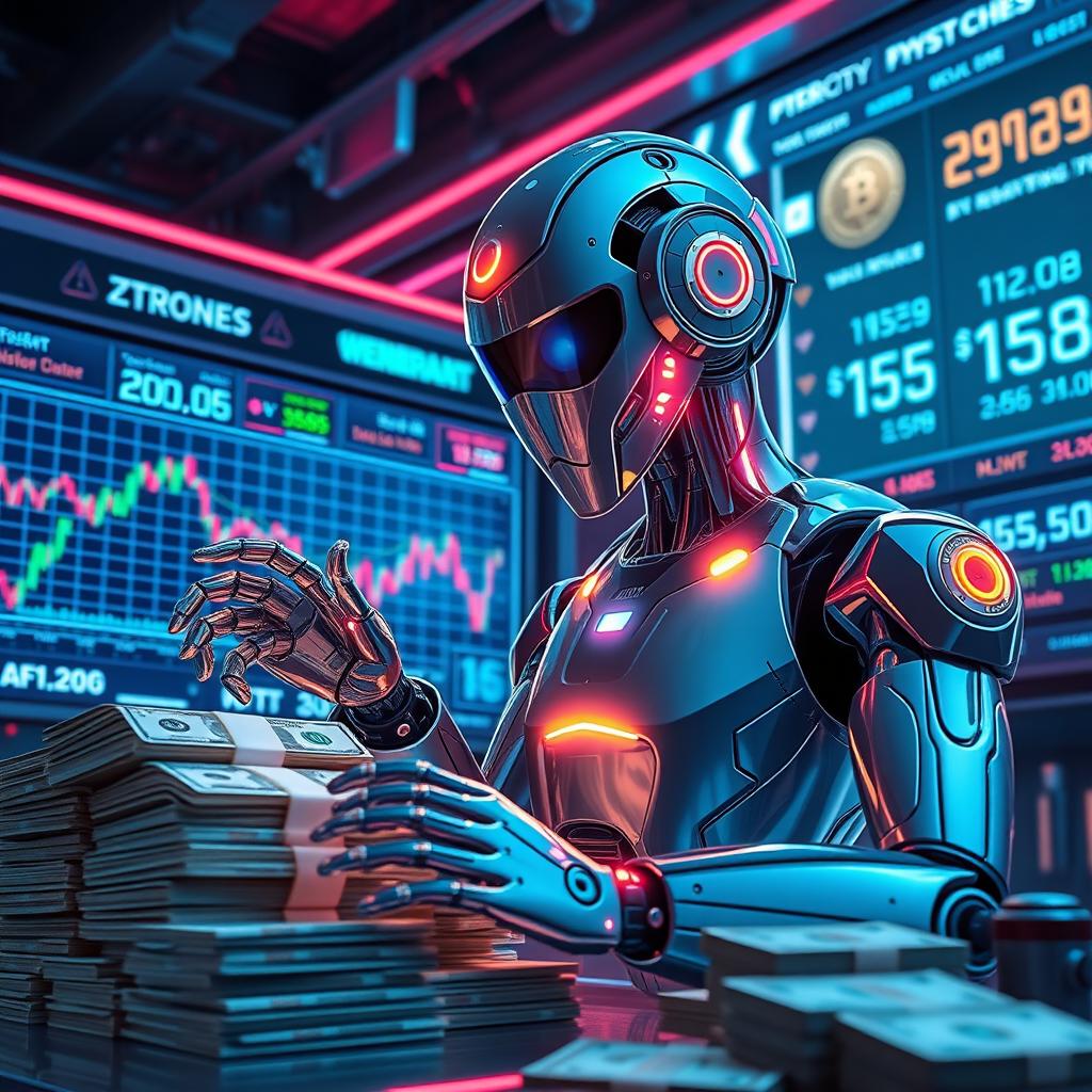 A futuristic scene featuring a sleek, advanced AI robot interacting with stacks of money and high-tech financial graphics