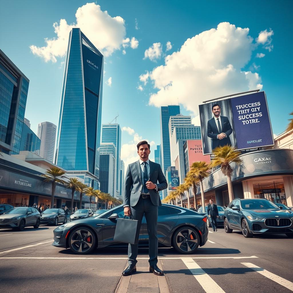 A stunning visual representation of a futuristic city in the year 2025, showcasing a wealthy lifestyle