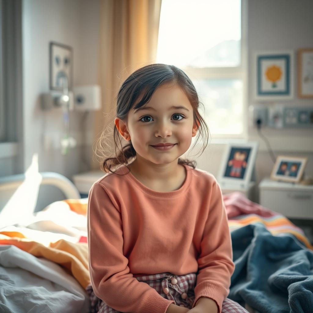 A serene and hopeful twelve-year-old girl with a gentle face, sitting in a warm and cozy hospital room designed for resting