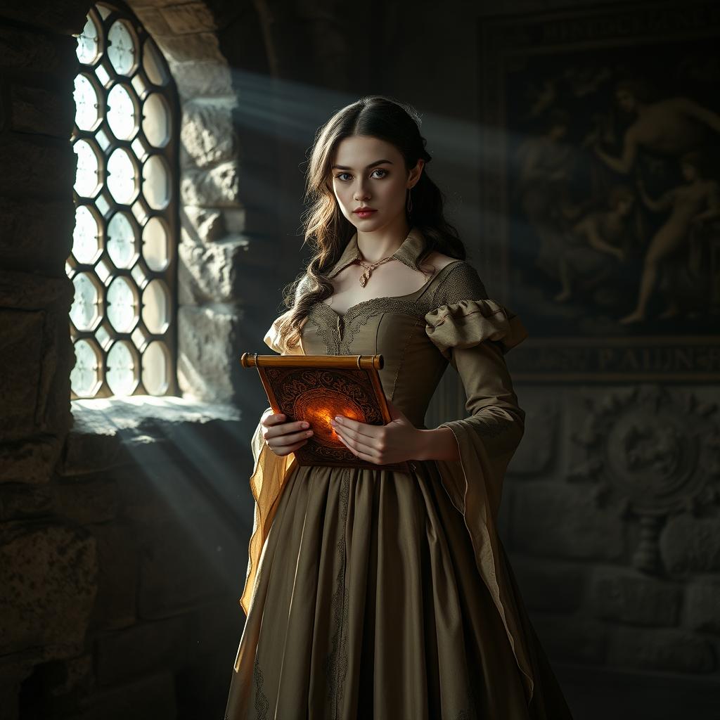 A young noblewoman dressed in an elegant, historical gown, standing in a dimly lit ancient castle chamber