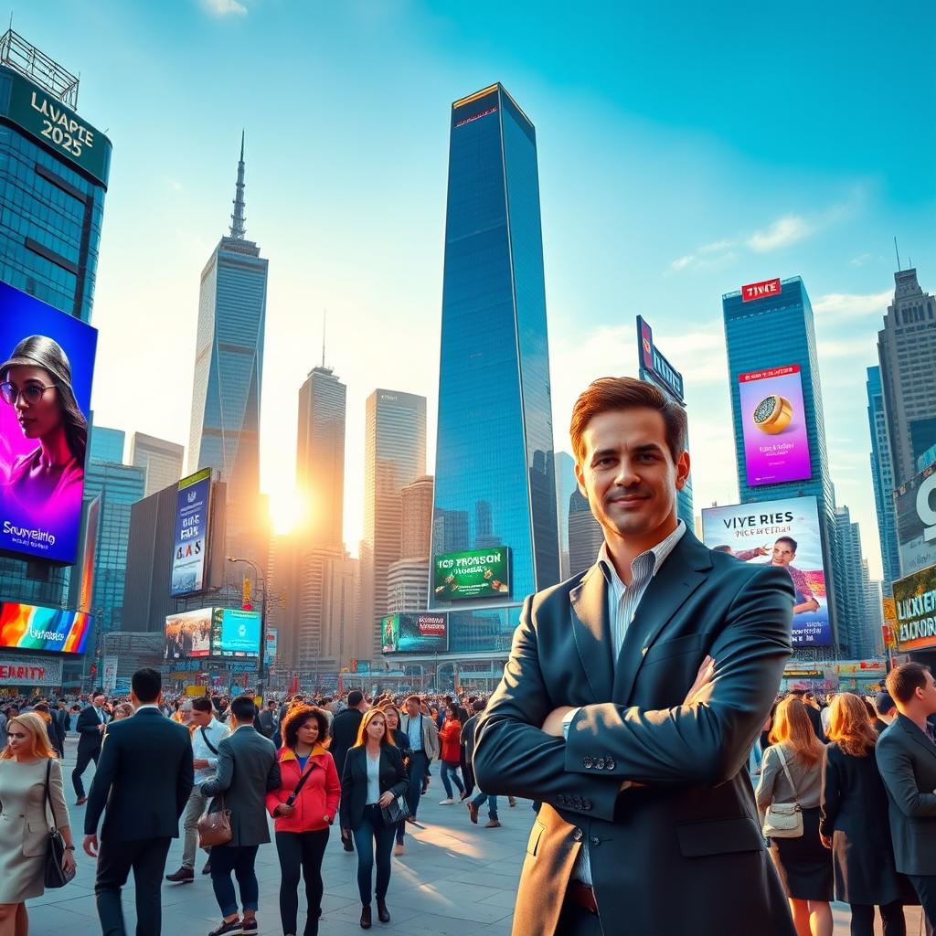 A visually striking representation of a futuristic city skyline in the year 2025, showcasing towering skyscrapers made of glass and steel, with vibrant digital billboards displaying advertisements for luxury products and services