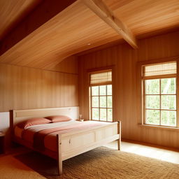 A beautifully windowed bedroom featuring a wooden bed. The room is brightly lit with vibrant and perfect furnishings, showcasing an enticing piece of interior design.