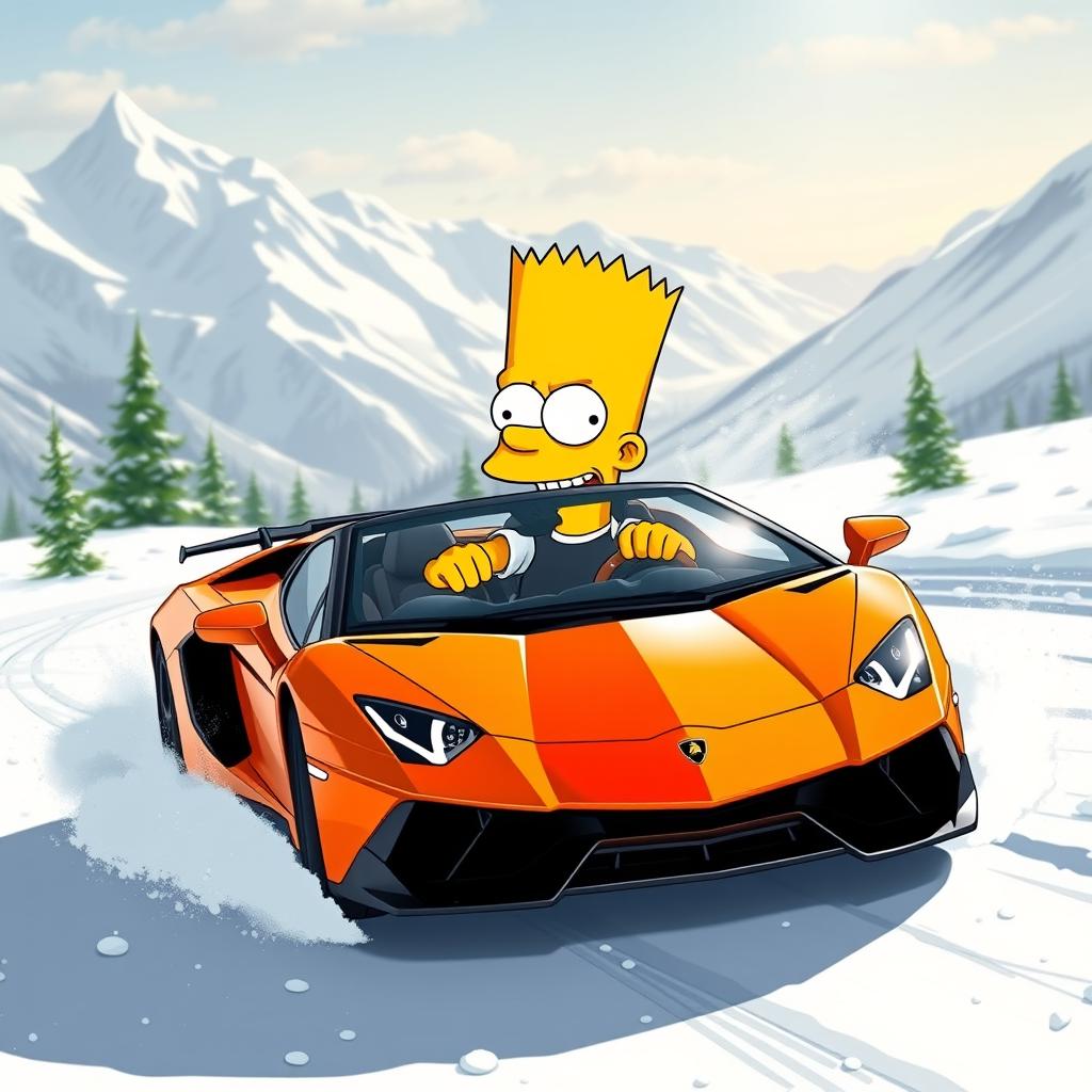 Bart Simpson driving a striking Lamborghini through a breathtaking snowy mountain landscape