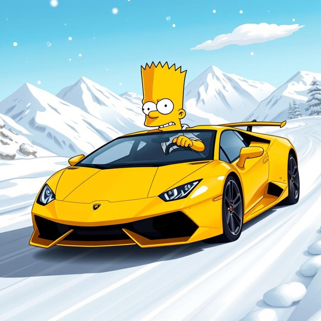 Bart Simpson driving a bright yellow Lamborghini, speeding along a snowy mountain road
