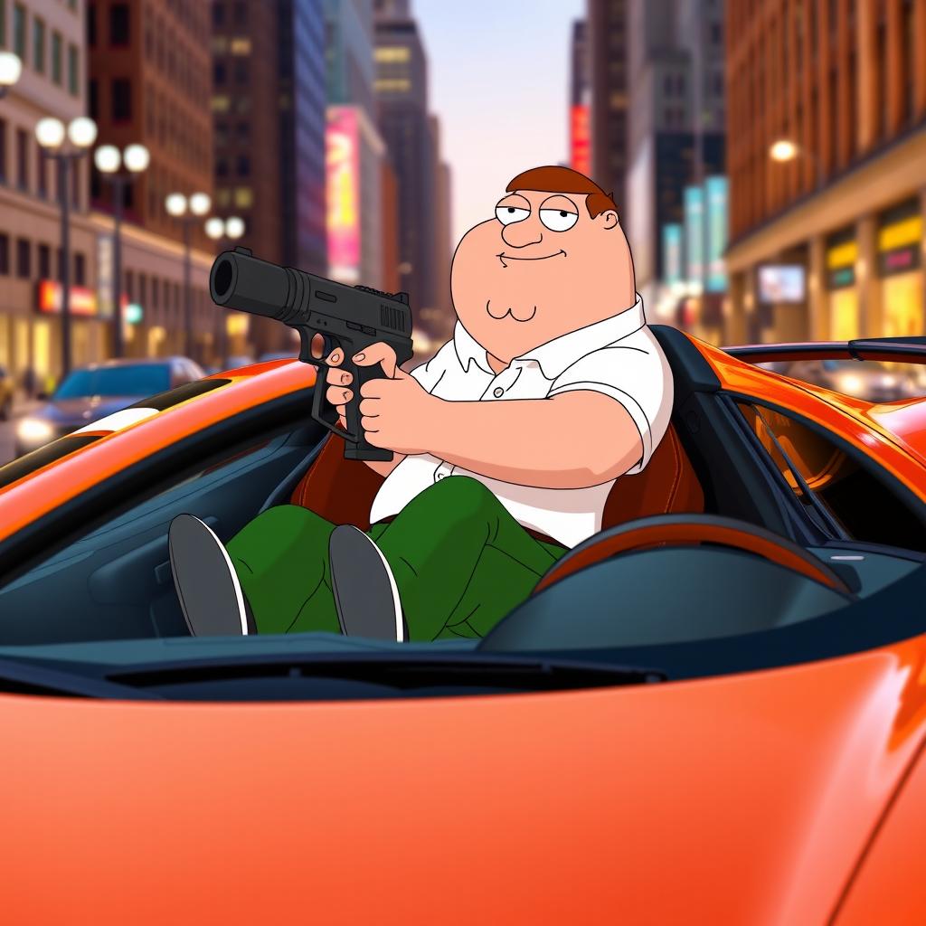 Peter Griffin from Family Guy, humorously posed inside a sleek, orange McLaren sports car, gripping a comical toy gun with a playful grin