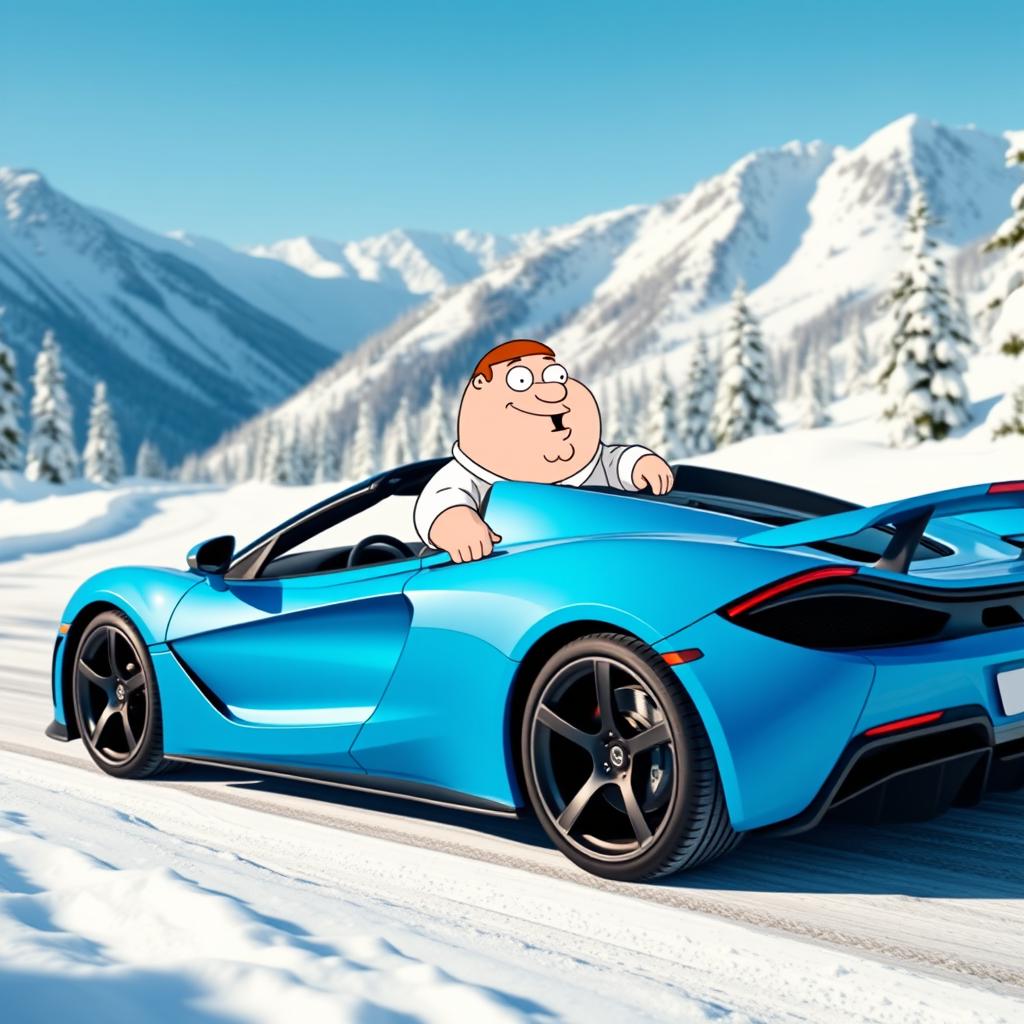 Peter Griffin from Family Guy, humorously posed inside a vibrant blue McLaren sports car, parked on a snowy mountain road