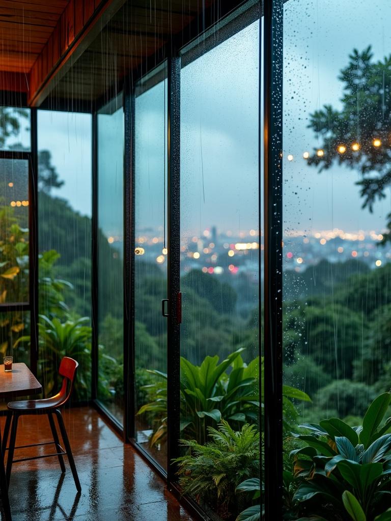 A stunning dusk view from inside the EAMES House looking out over an overgrown cityscape nestled among lush rainforest