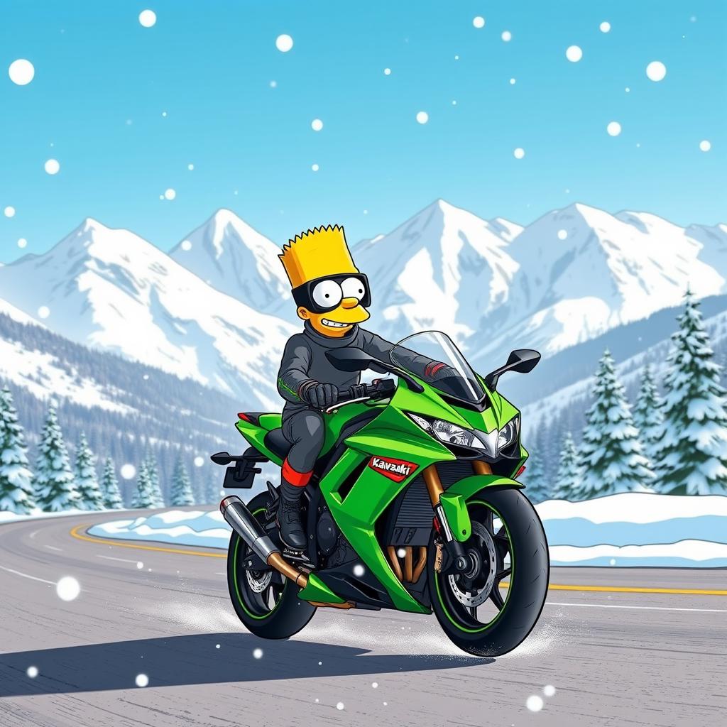 Bart Simpson riding a striking green Kawasaki Ninja H2R motorcycle, expertly navigating a winding snowy mountain road