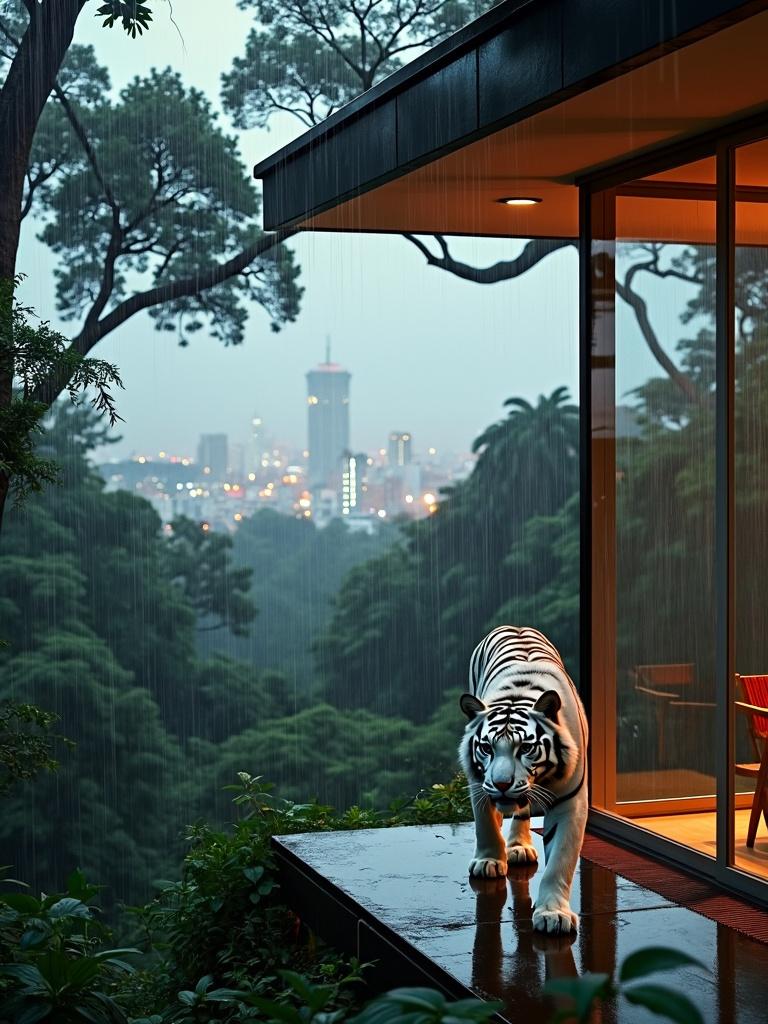 A stunning dusk view from inside the EAMES House, showcasing its iconic mid-century modern architecture