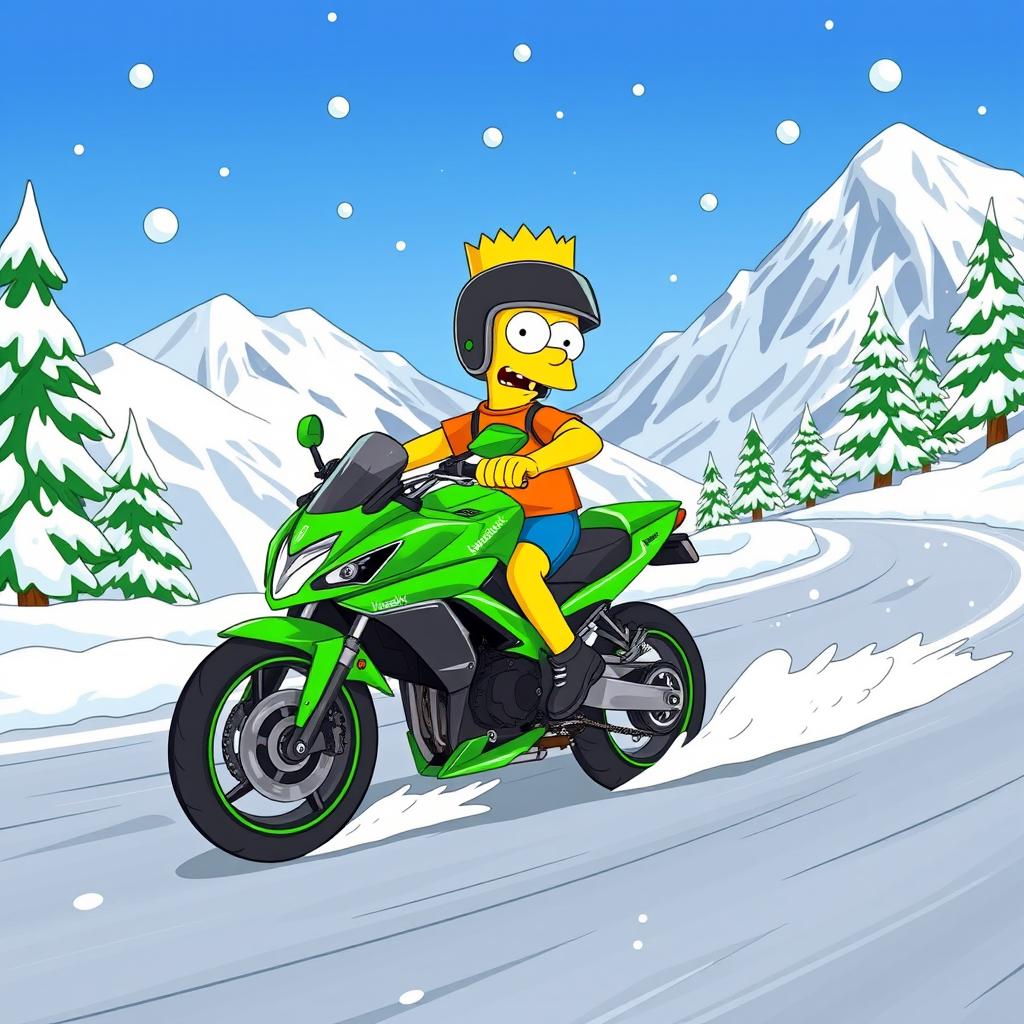 Bart Simpson riding a bold green Kawasaki Ninja H2R motorcycle, confidently maneuvering along a twisting snowy mountain road