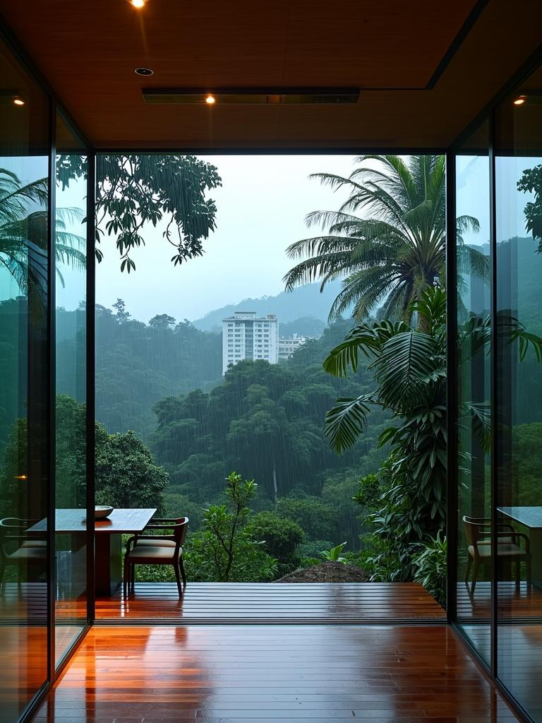 An elegant dusk view from inside the EAMES House, showcasing its distinctive mid-century modern architecture