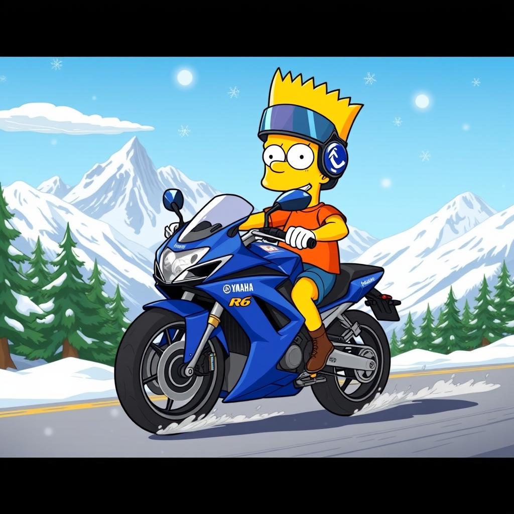 Bart Simpson riding a sleek blue Yamaha R6 motorcycle, confidently speeding along a snowy mountain road