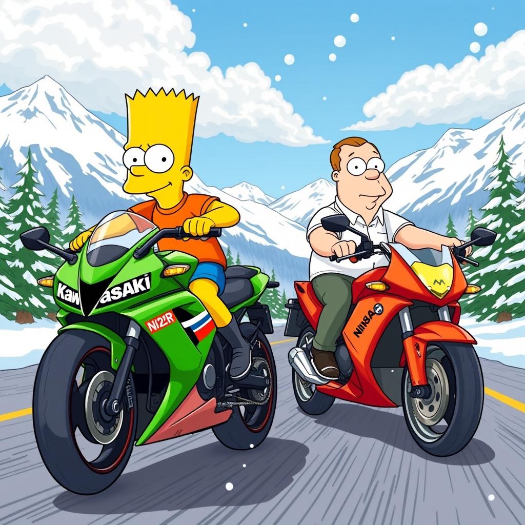 Bart Simpson and Peter Griffin racing side by side on powerful motorcycles along a snowy mountain road