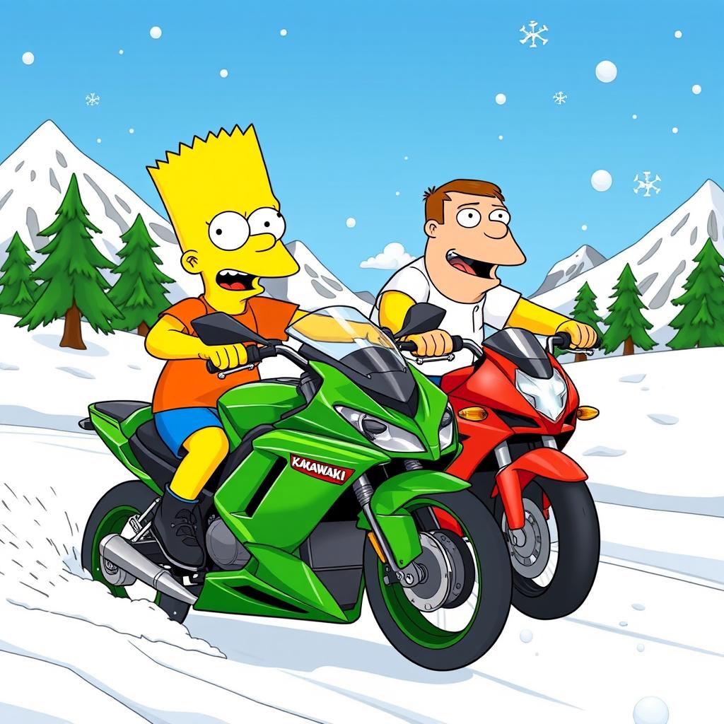 Bart Simpson and Peter Griffin racing their motorcycles down a snowy mountain trail