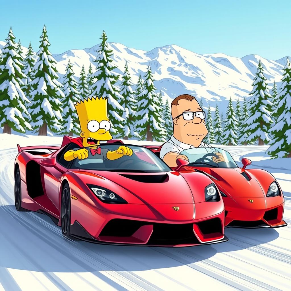 Bart Simpson and Peter Griffin racing in high-performance sports cars on a snowy mountain