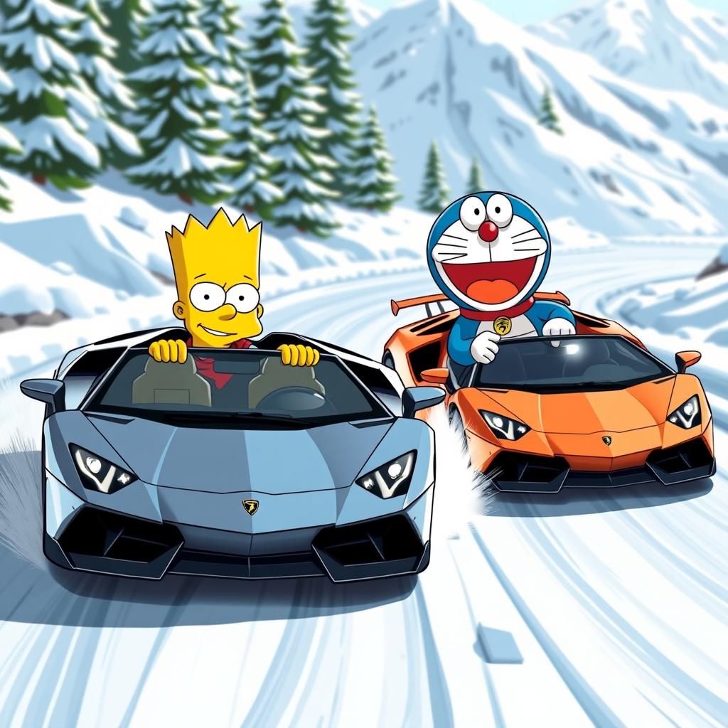 Bart Simpson and Doraemon racing in luxurious Lamborghinis on a snowy mountain