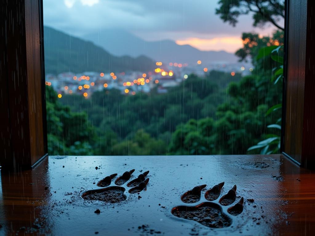 A breathtaking twilight view from within the architectural EAMES House, showcasing a cityscape enveloped by lush greenery and nestled in a vibrant rainforest