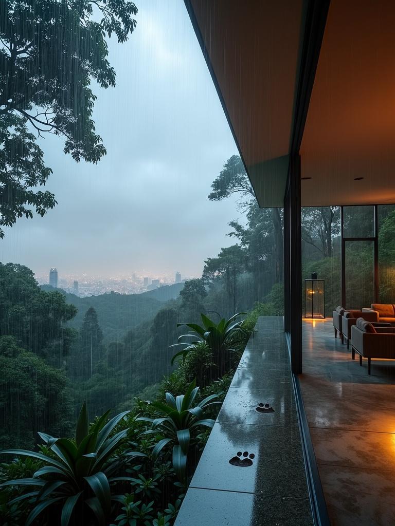 An architectural masterpiece view from inside the EAMES House, focusing on the structure's elegant lines and design elements
