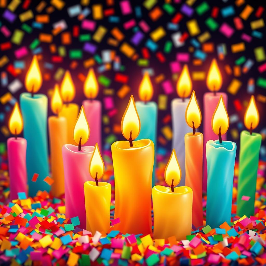 A vibrant and festive scene featuring a variety of beautifully shaped candles, each uniquely designed and outlined