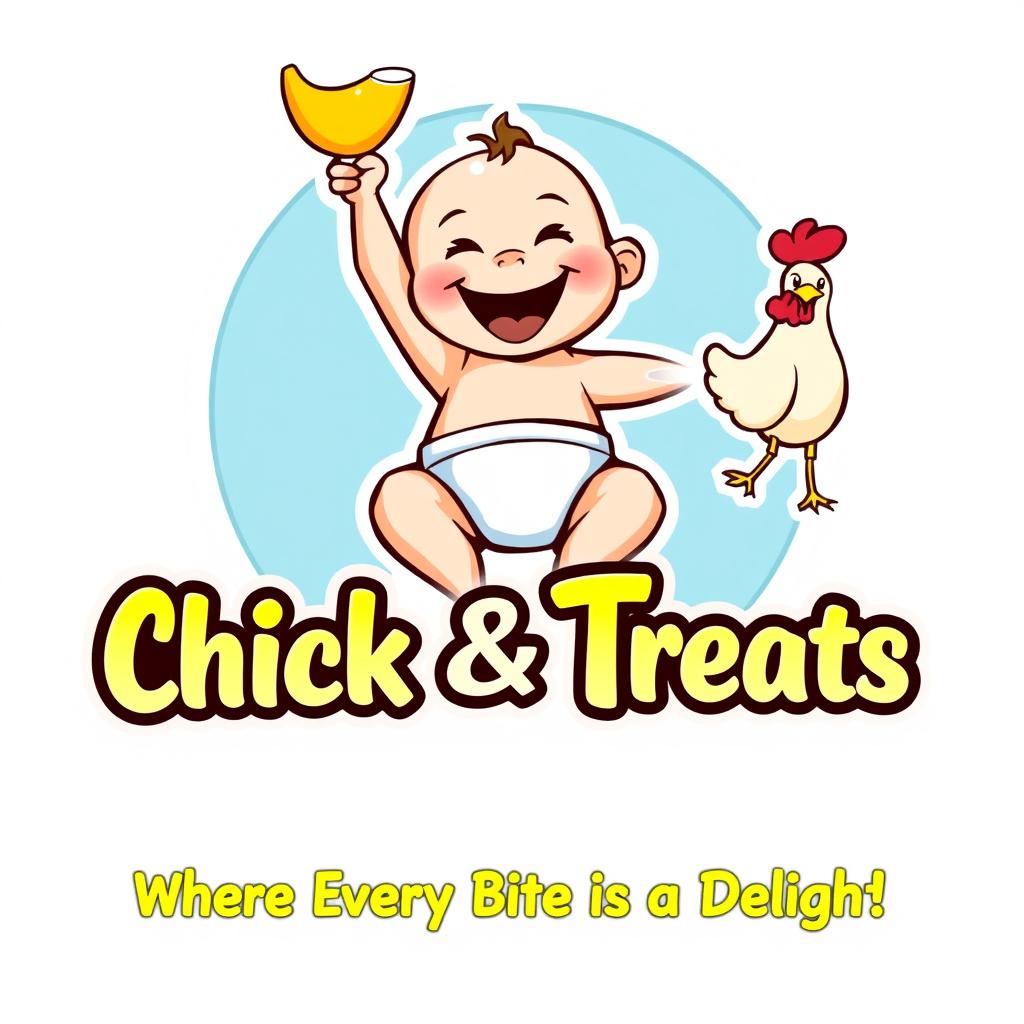 A playful and colorful logo featuring a happy baby wearing a diaper, joyfully holding a mango float in his right hand and a chicken in his left hand