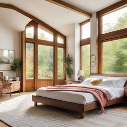 A brightly lit bedroom with large windows, featuring a wooden bed and vibrant furnishings, beautifully arranged to showcase an exemplary interior design.