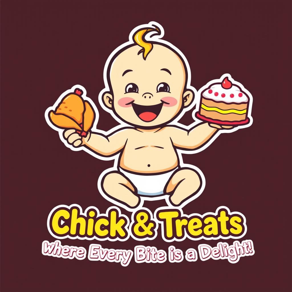 A playful and colorful logo featuring a cute baby wearing a diaper, joyfully holding a cake in his right hand and a fried chicken in his left hand