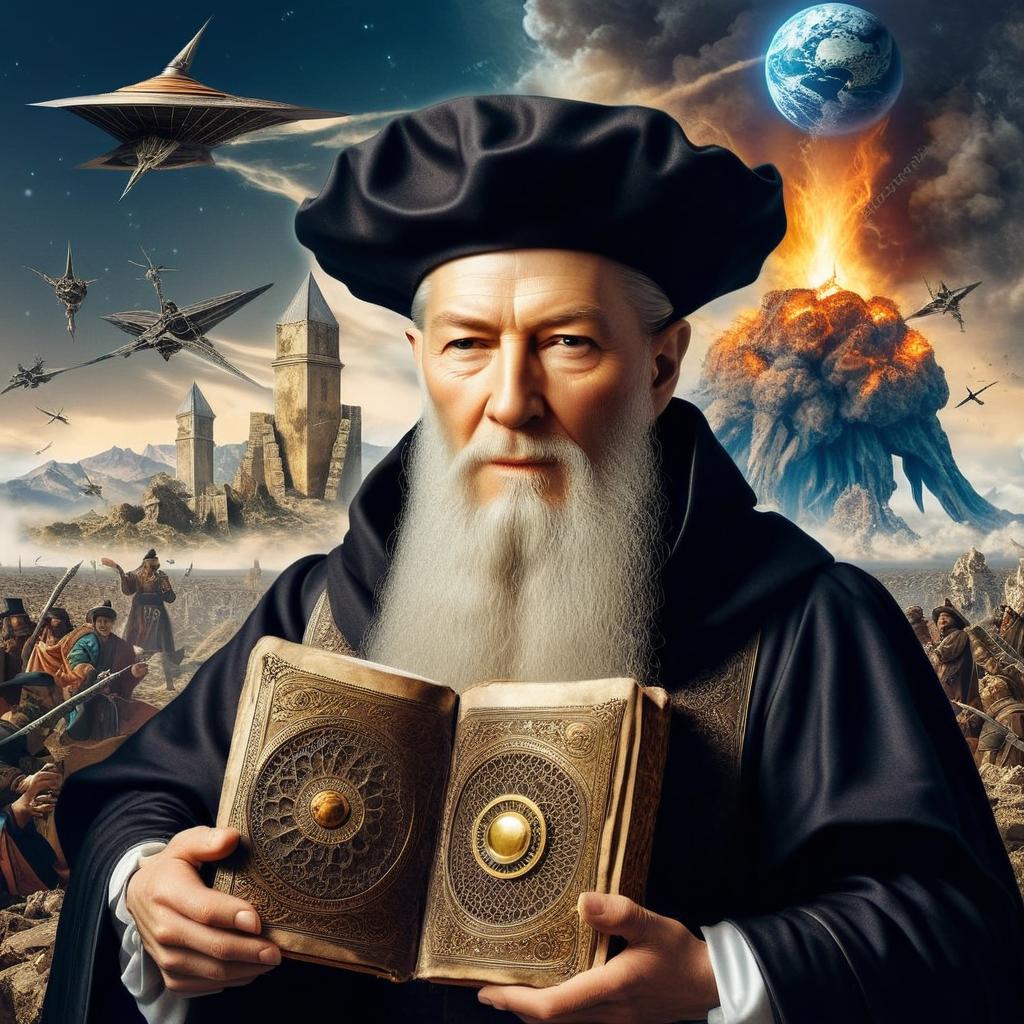 Nostradamus holding an ancient book The future of humanity on background