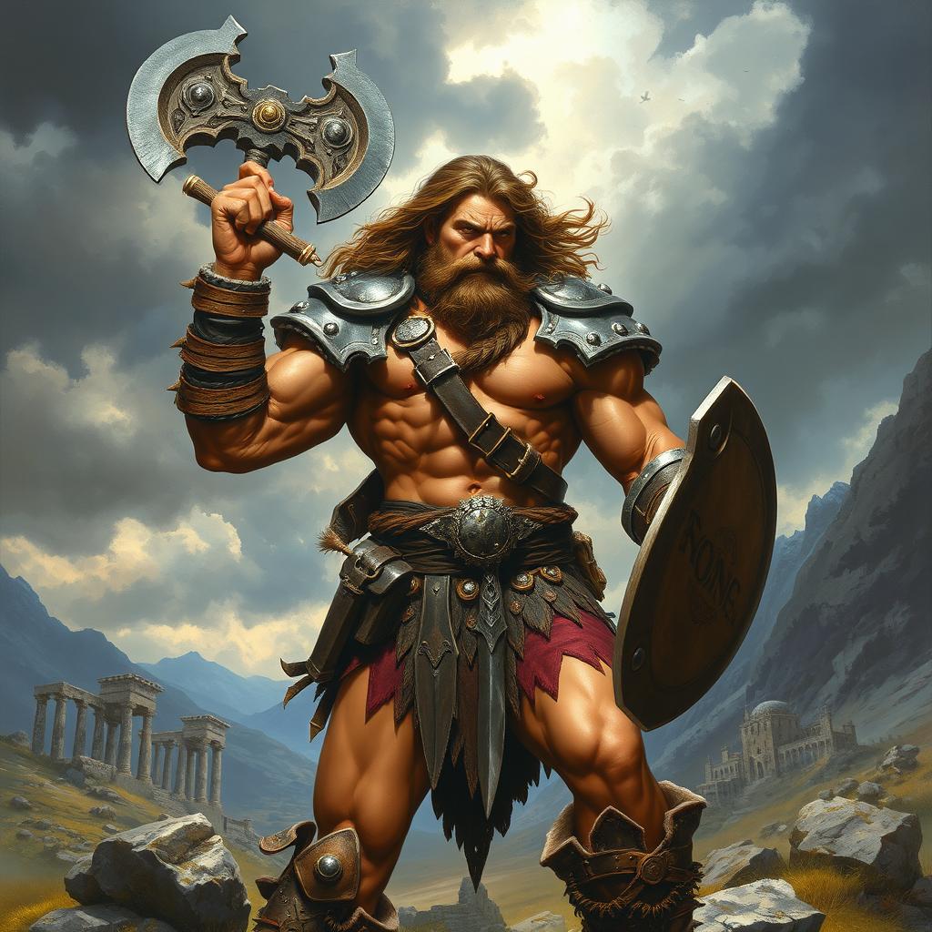 A powerful barbarian warrior in a classic Boris Vallejo style, showcasing immense muscular strength, adorned with intricate and elaborate armor made of leather and metal, accentuating his raw masculinity