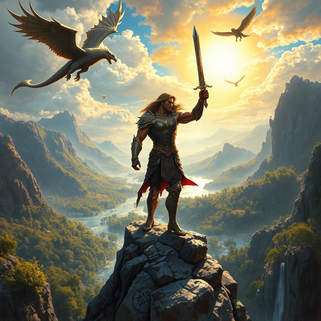 A breathtaking fantasy scene in the iconic style of Boris Vallejo, featuring a valiant hero standing atop a rocky precipice