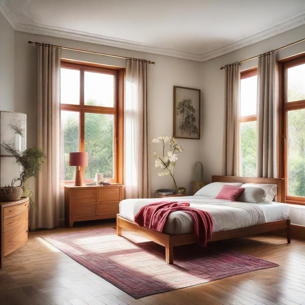 A brightly lit bedroom with large windows, featuring a wooden bed and vibrant furnishings, beautifully arranged to showcase an exemplary interior design.