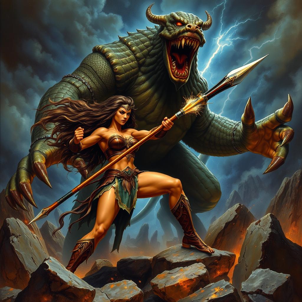 A dynamic and intense fantasy fighting scene in the iconic style of Boris Vallejo, depicting a fierce Amazon warrior engaged in combat with a colossal, menacing monster