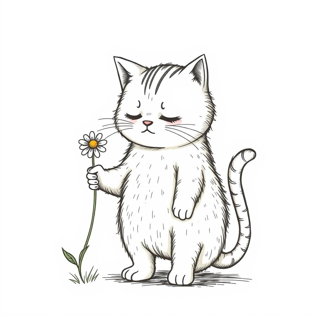 A vintage style drawing of a cute, slightly chubby cat standing tall with a slightly guilty or apologetic expression