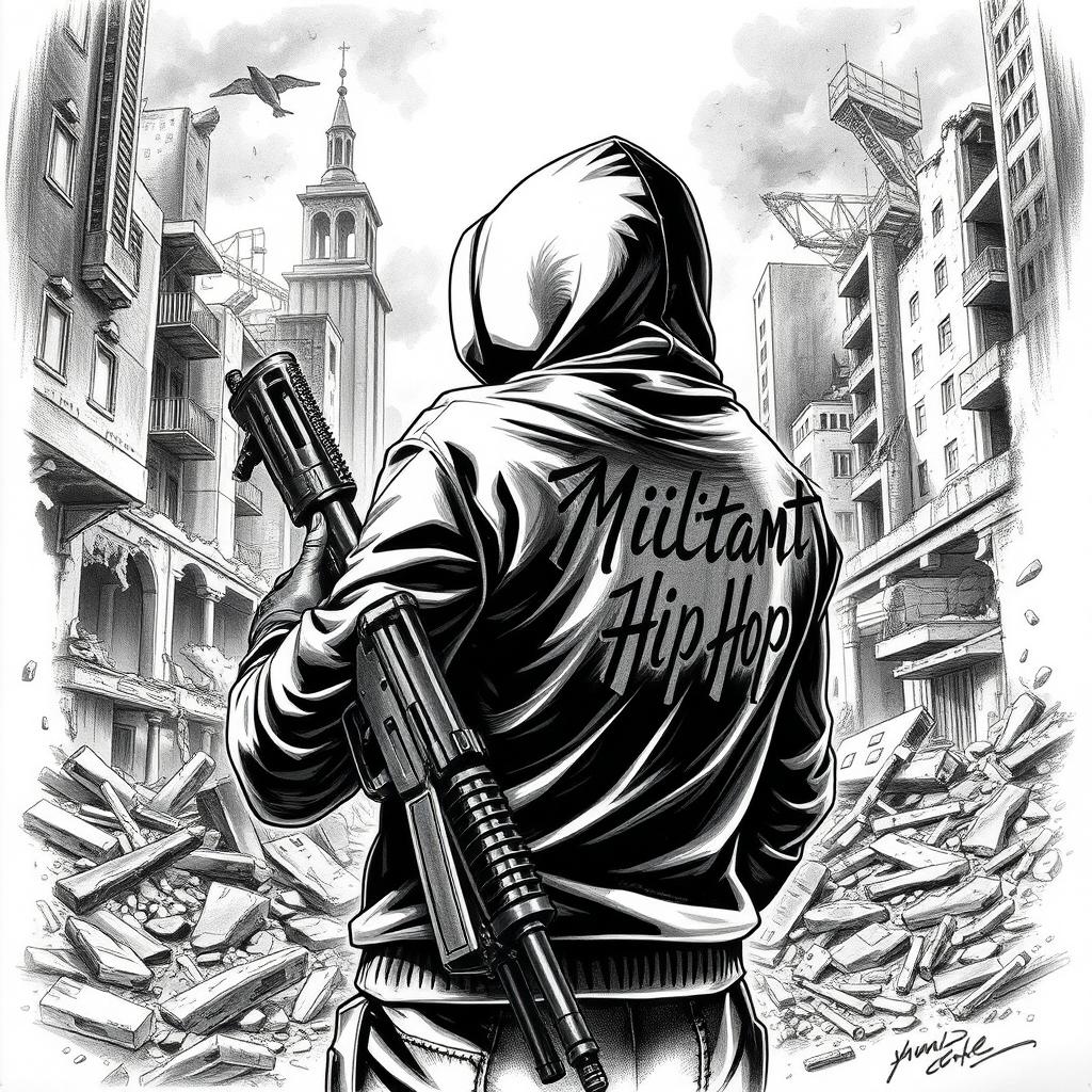 A striking black and white drawing featuring a man dressed in a hood, gripping a G36 machine gun firmly