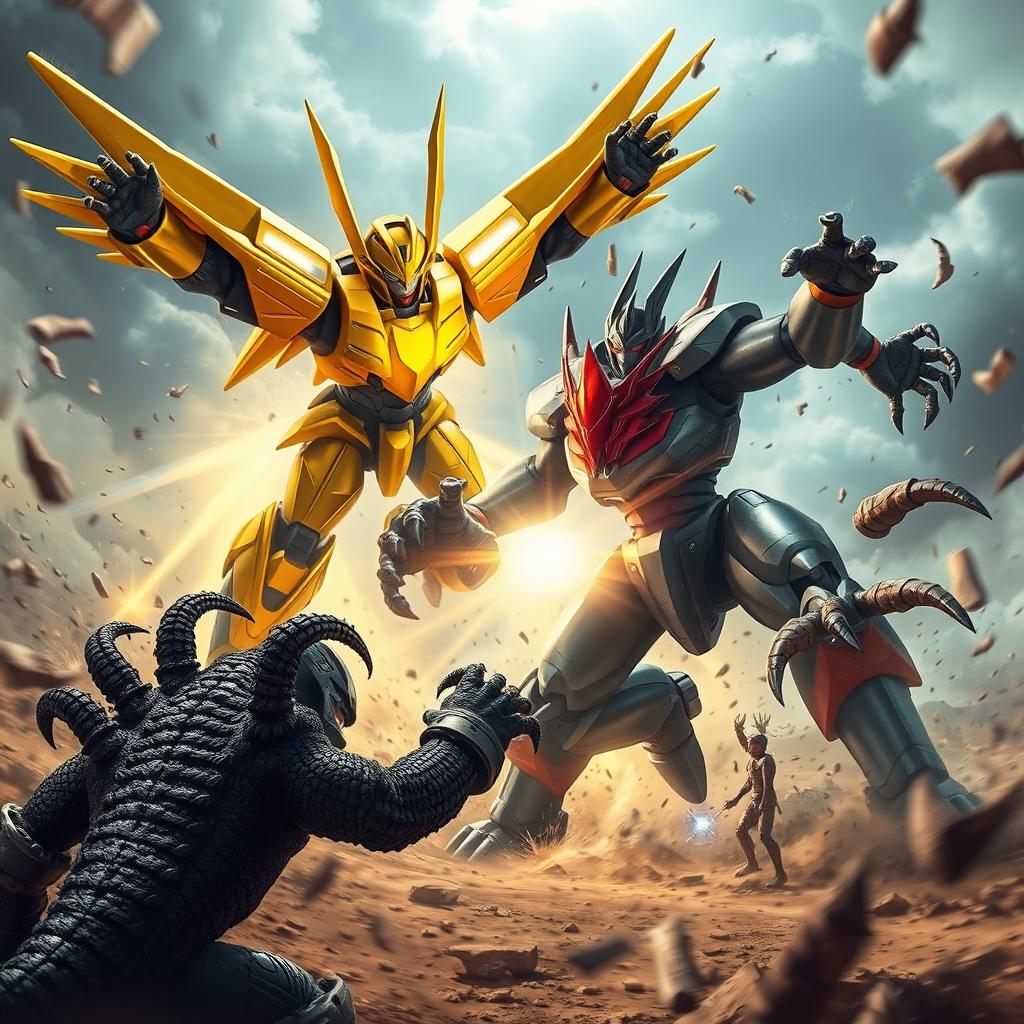 An epic scene depicting Goldrake in dynamic motion, engaged in a fierce battle against Grande Mazinga, with Jeeg Robot d'Acciaio also in action fighting a monstrous creature