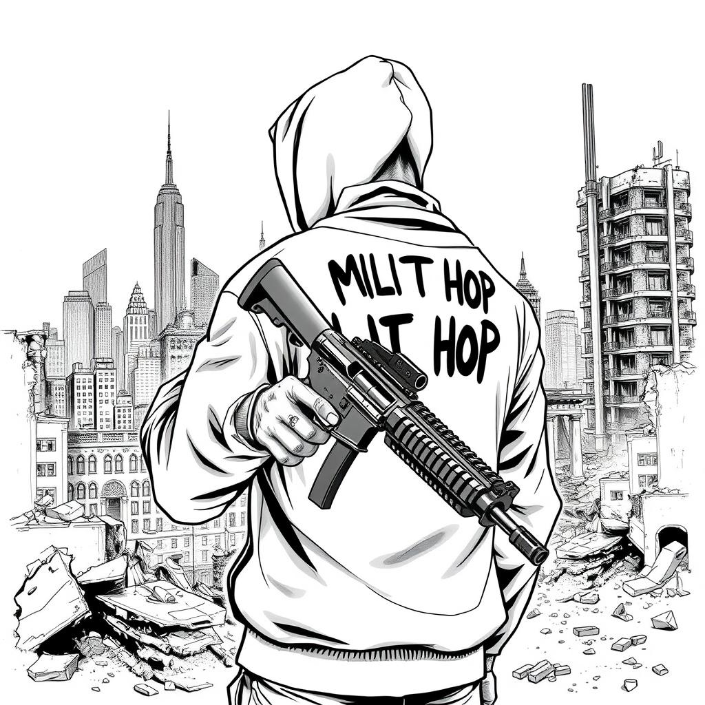 A dramatic black and white drawing of a man in a hooded sweatshirt, gripping a machine gun with a confident stance