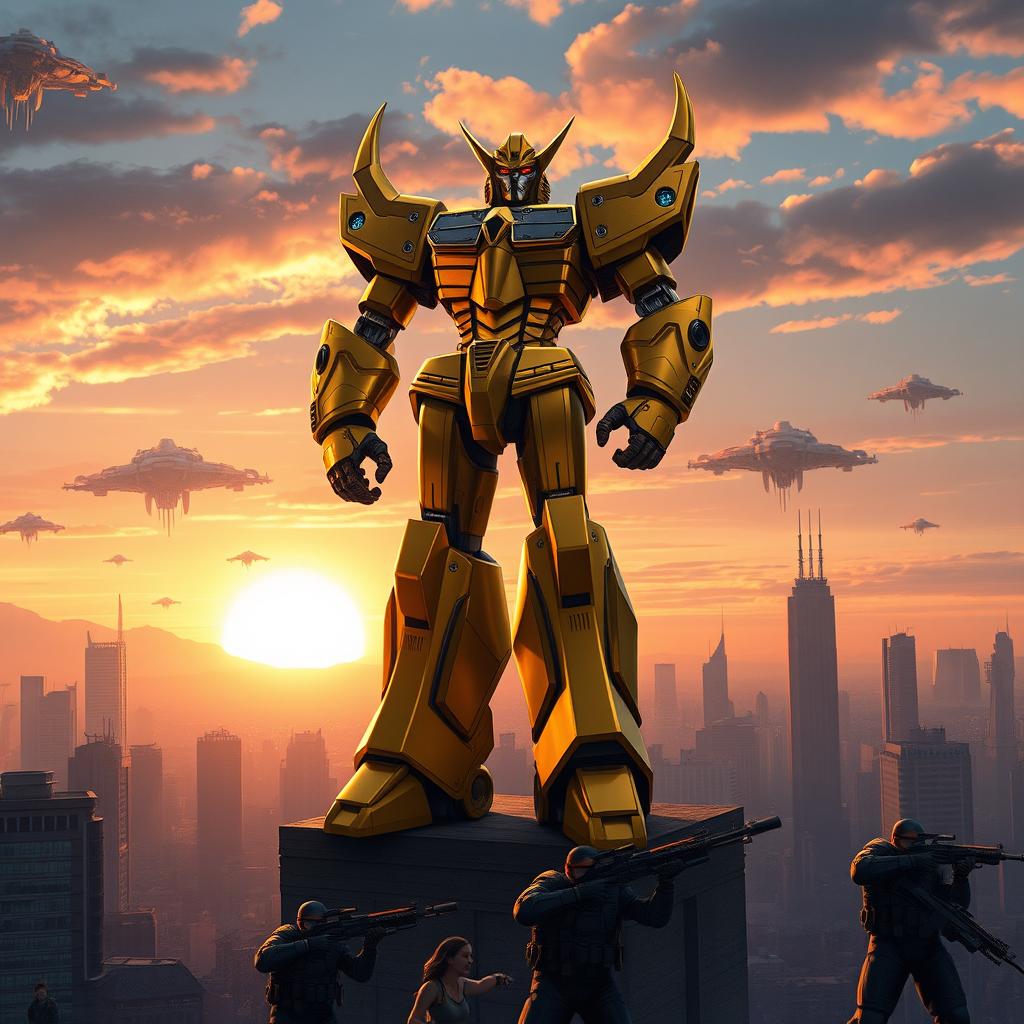 A creative depiction of a new story featuring Goldrake, set in a futuristic cityscape under a twilight sky