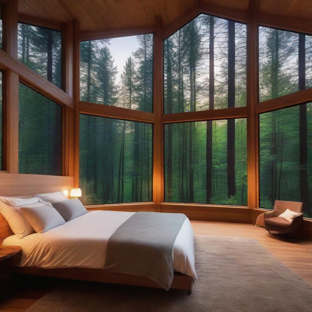 A cozy, inviting bedroom nestled within a forest retreat. It features large panoramic windows showcasing lovely views of tranquil woods with towering trees bathed in soft twilight hues.