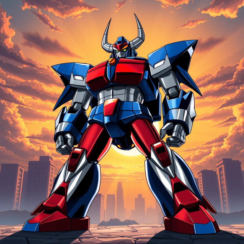 A striking illustration of Mazinga Z in a heroic pose, standing majestically against a dramatic backdrop of a sunset sky
