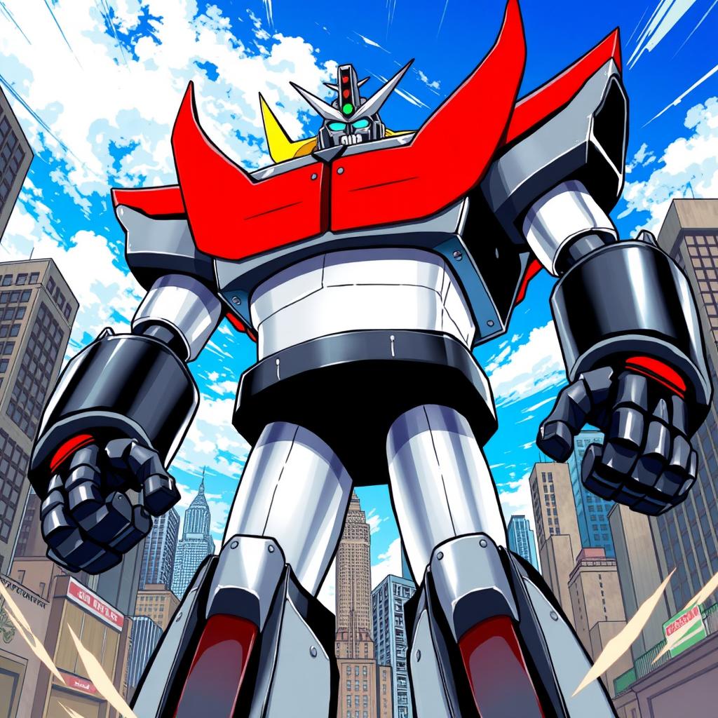 A colorful and dynamic illustration of Great Mazinger, a classic giant robot, towering majestically among a cityscape
