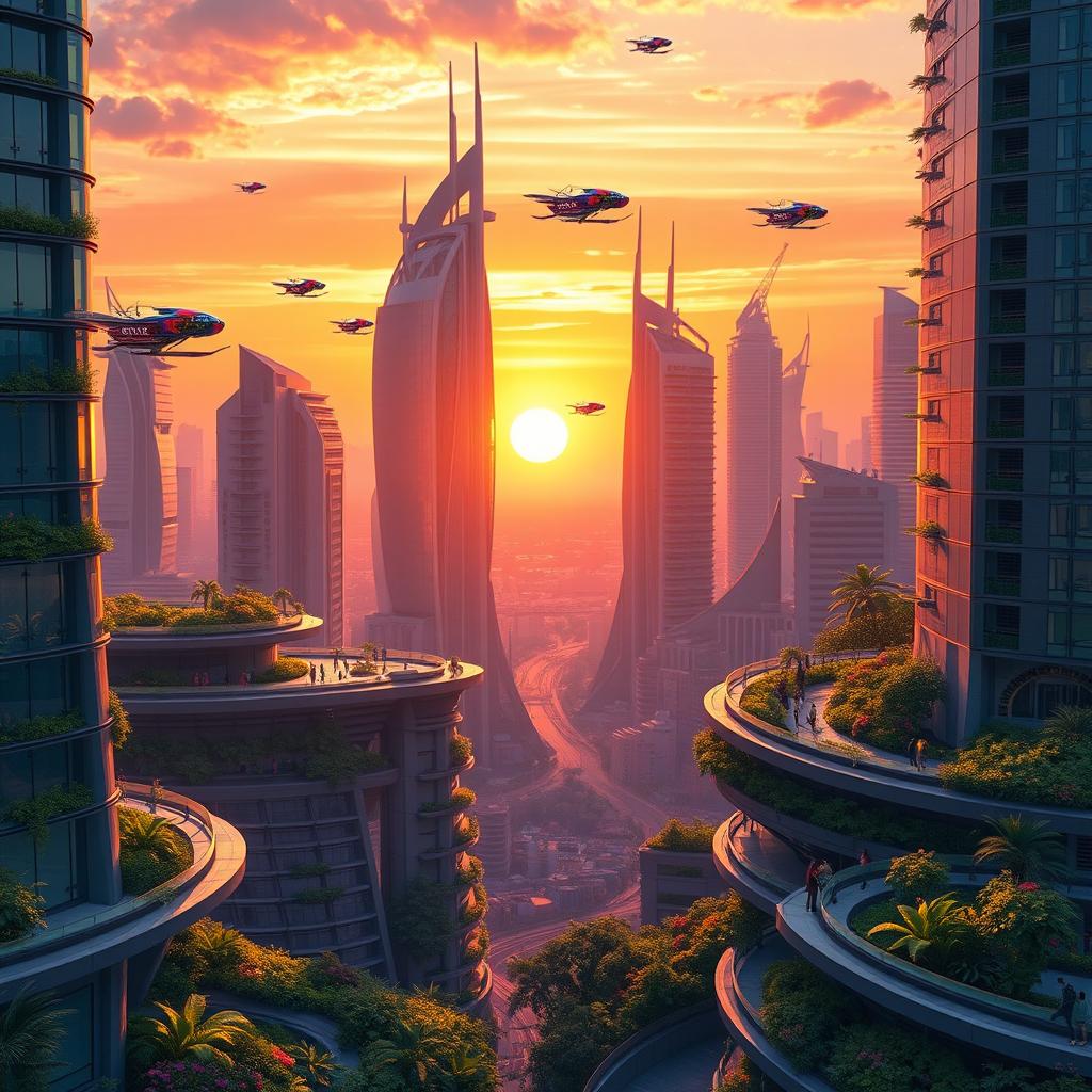A vibrant digital artwork of a futuristic cityscape at sunset, showcasing a blend of advanced technology and nature