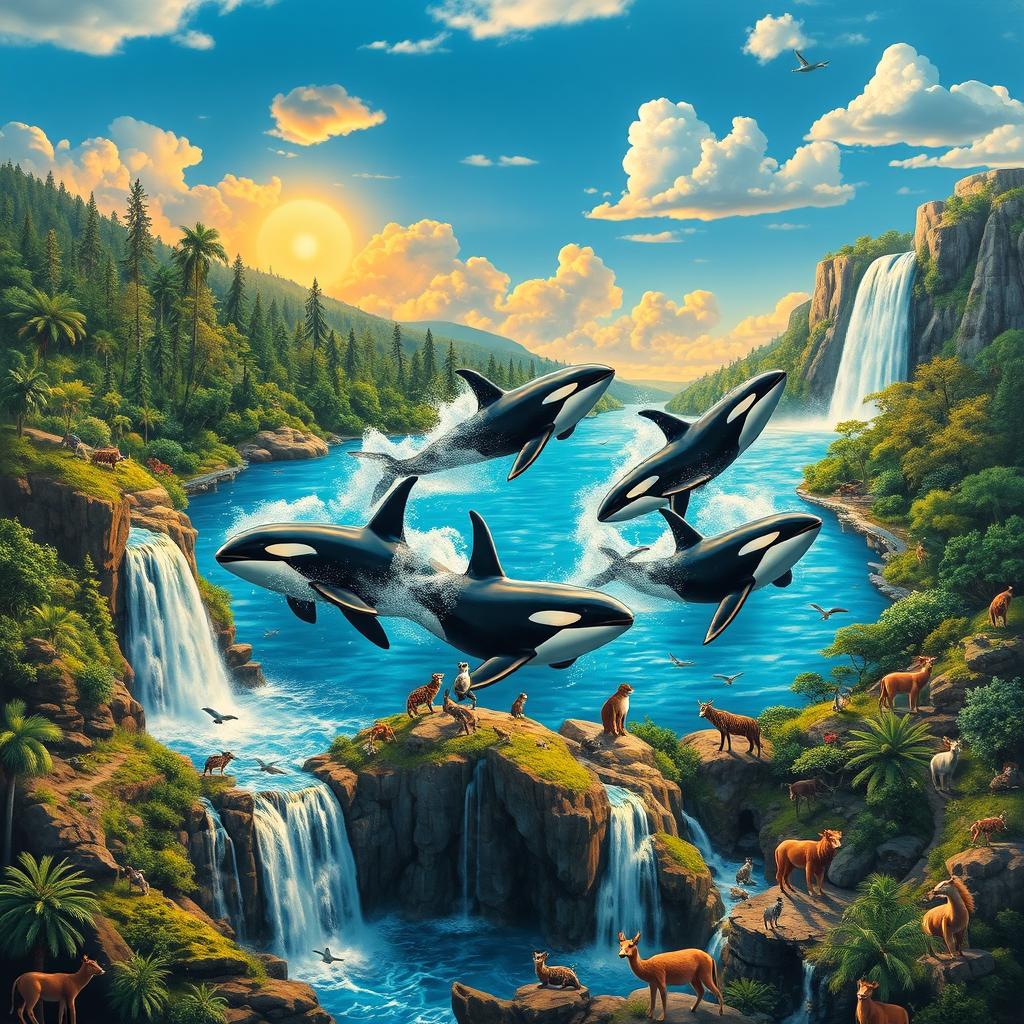 An immersive animal kingdom collage featuring giant orcas creating big splashes in a bright blue oasis