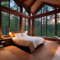 A cozy, inviting bedroom nestled within a forest retreat. It features large panoramic windows showcasing lovely views of tranquil woods with towering trees bathed in soft twilight hues.