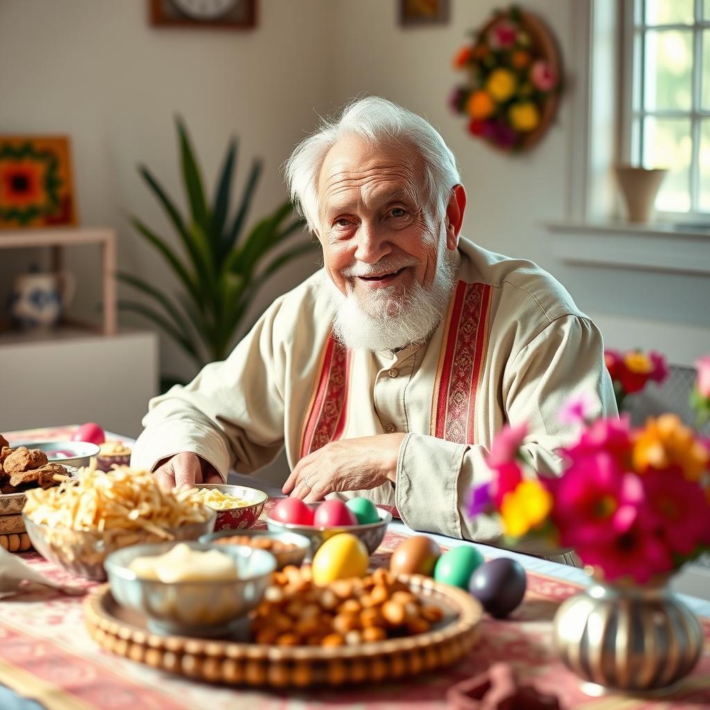 An elderly man, representing a loving grandpa figure, sitting beside a beautifully arranged Nowruz table
