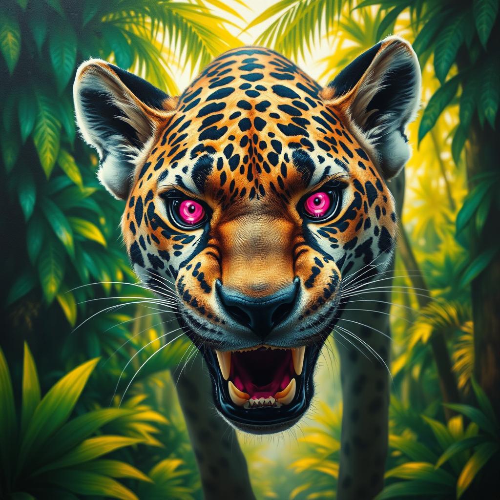 An extremely close-up, worm-eyed view of a majestic hybrid creature, featuring a Jaguar-Hyena with striking magenta and purple glowing neon eyes, growling as it looks directly at you
