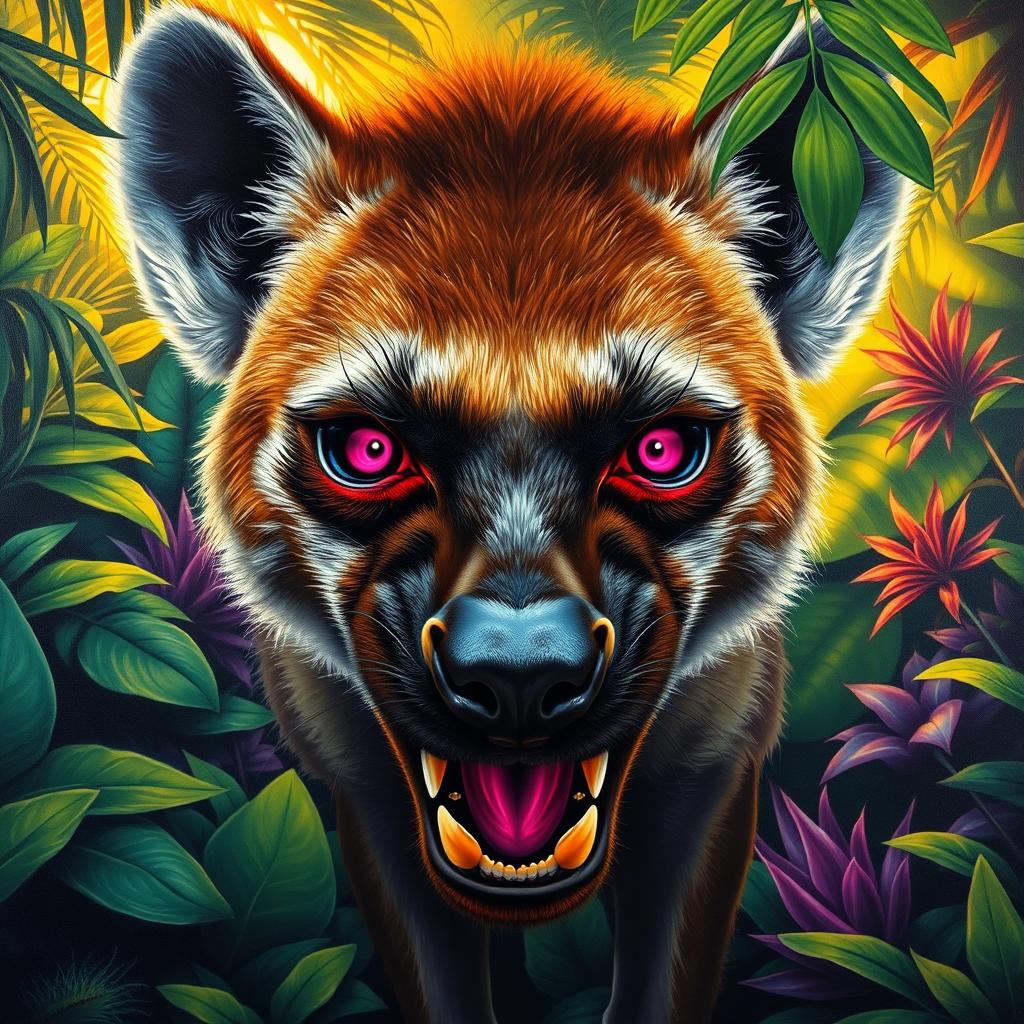 An extremely close-up, worm-eyed view of an intense Hyena with striking magenta and purple glowing neon eyes, growling and looking directly at you